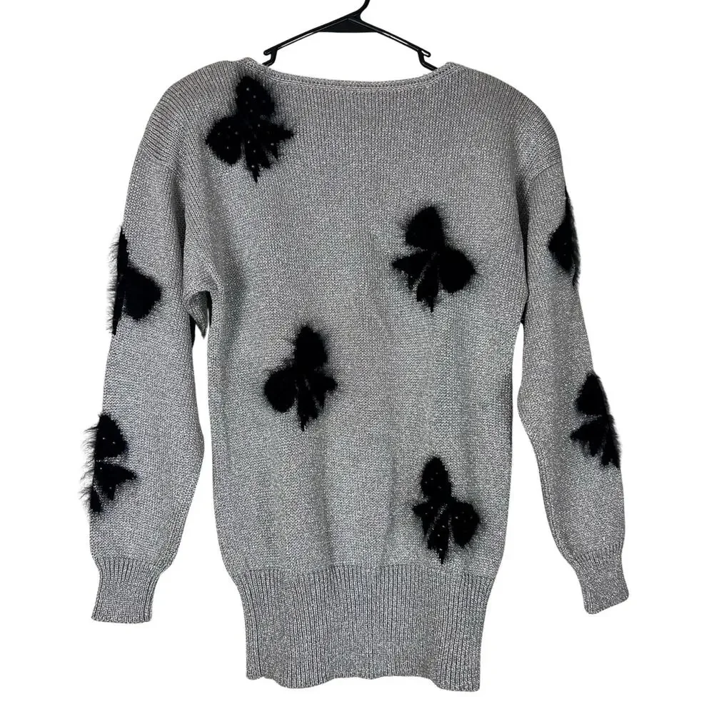 Vintage Smith St. John Metallic Lurex Holiday Sweater Bow Pearl Glam M - Picture 6 of 10